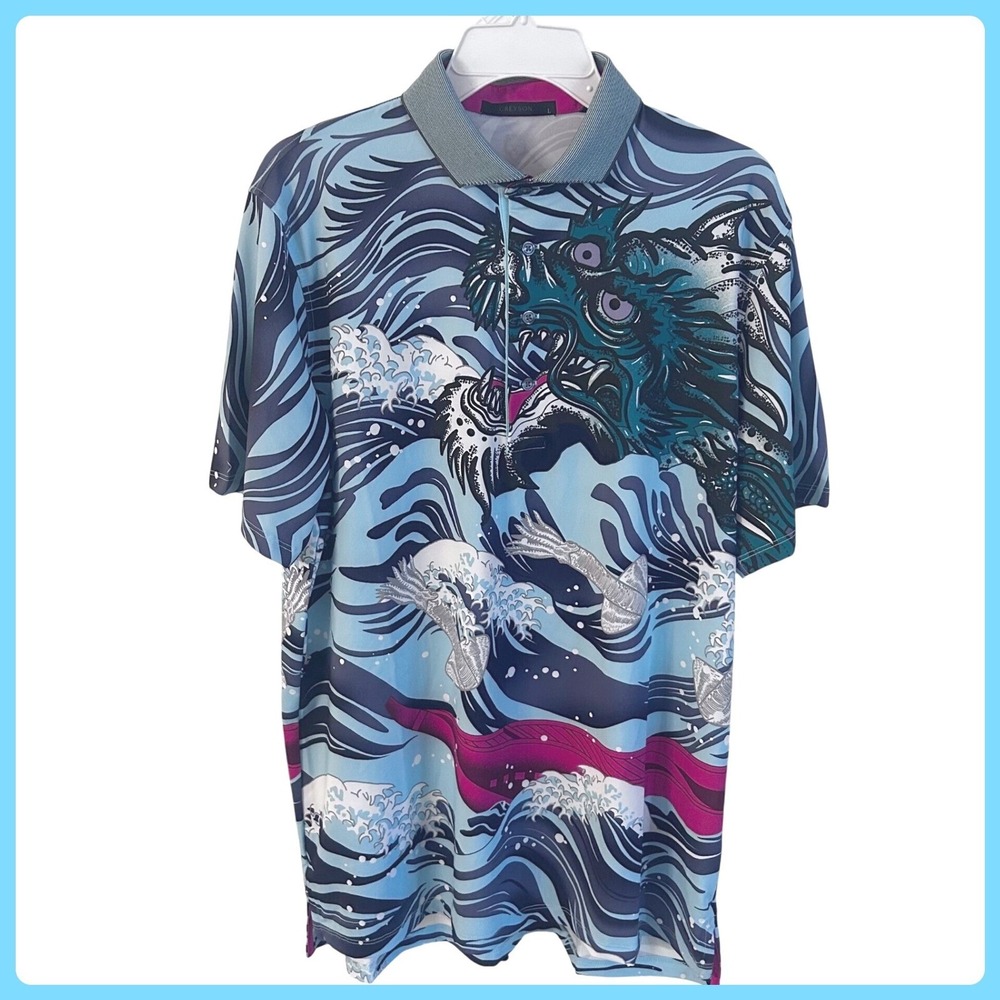 New W/Tags Greyson Mythical Sea Polo Shirt Sky Stone Dragon Wave Print Men's L‎